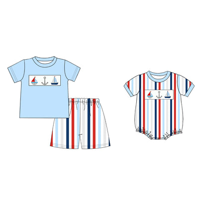 Boys Brother July 4th Embroidery Sailing Boat Anchor Outfits