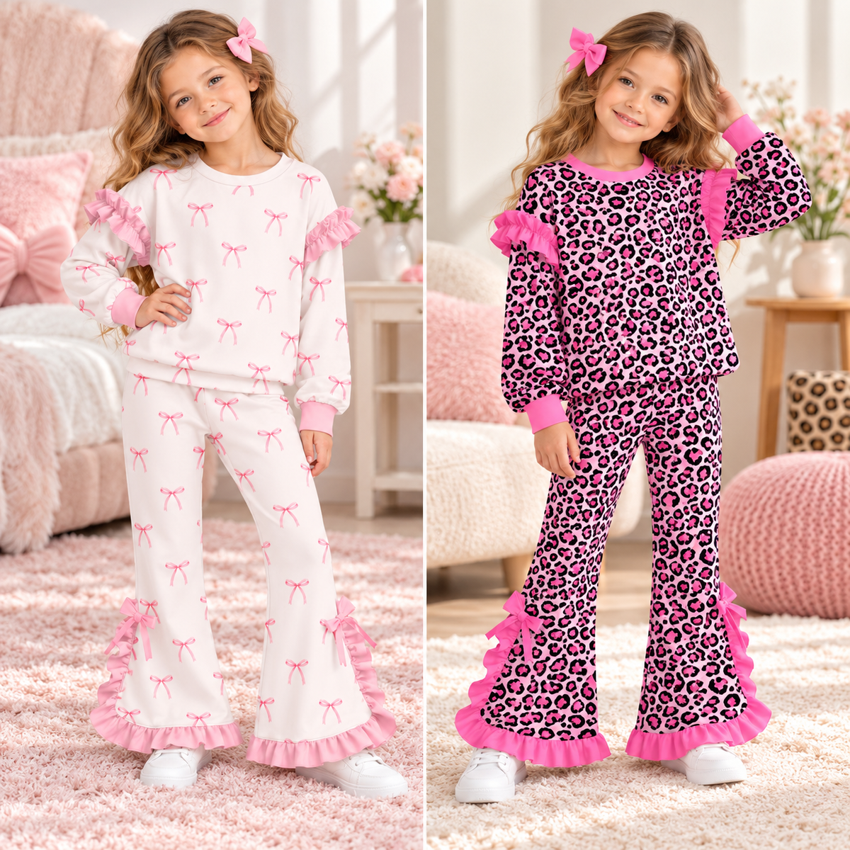 Girls Fall Winter Bow & Leopard Print Flare Pants Set – Long Sleeve Ruffle Sweatshirt or Zip-Up Hoodie 2-Piece Outfit