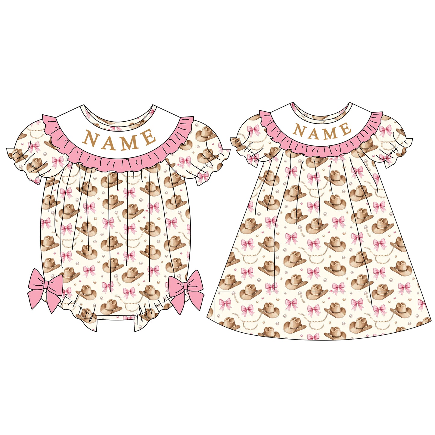 Girls Custom Name Embroidery Smock Cowboy Hat Dress & Bubble
