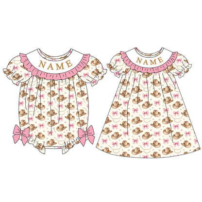 Girls Custom Name Embroidery Smock Cowboy Hat Dress & Bubble