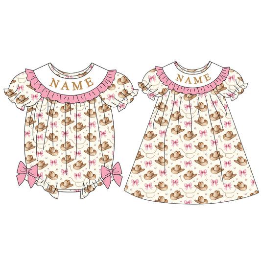 Girls Custom Name Embroidery Smock Cowboy Hat Dress & Bubble