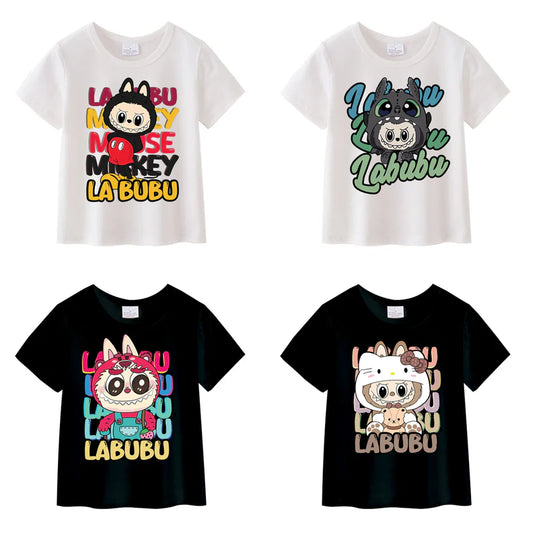 Girls Summer Labubu Cartoon Print White Black Cotton T-shirt