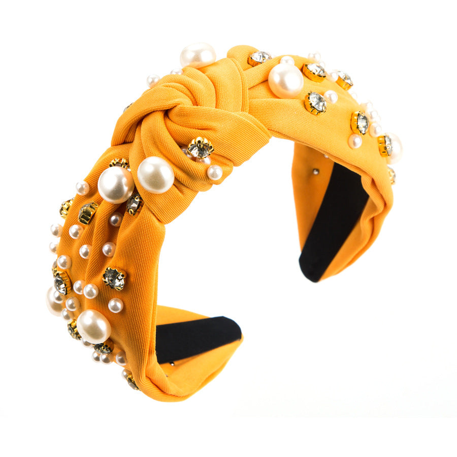 Wide Knotted Headband with Pearls & Rhinestones Padded Fashion Hair Band for Women & Girls