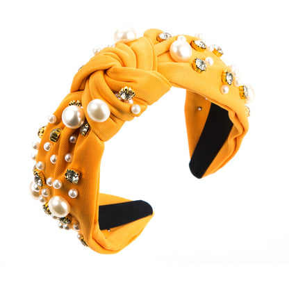 Wide Knotted Headband with Pearls & Rhinestones Padded Fashion Hair Band for Women & Girls