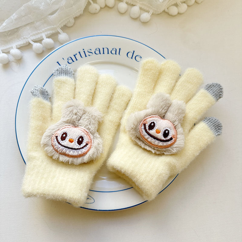 Winter Knit Gloves with Plush Doll Decoration Warm Fuzzy Finger Gloves for Parent Child Matching