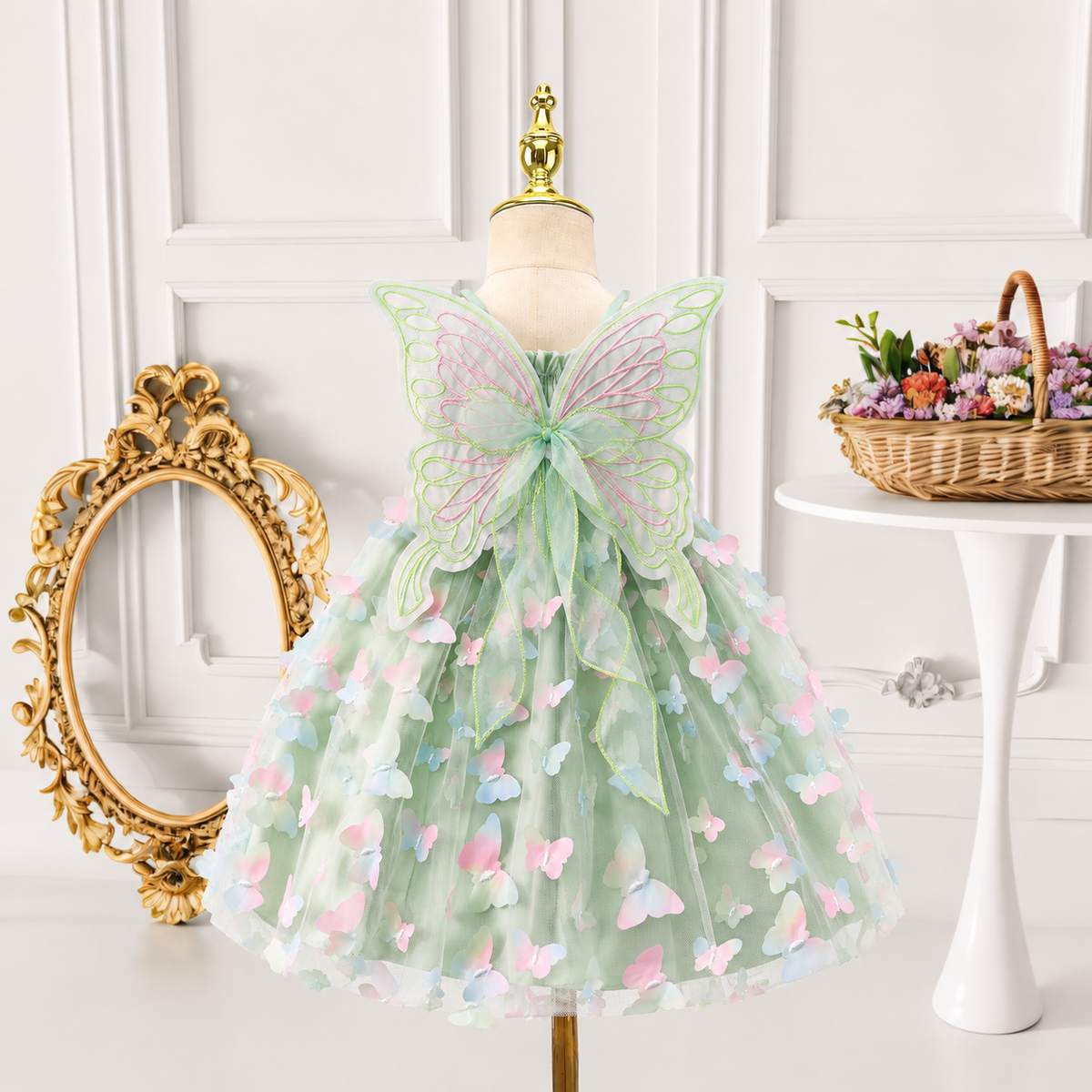 Girls Butterfly Wing Tulle Dress Smocked Spaghetti Strap Party Dress