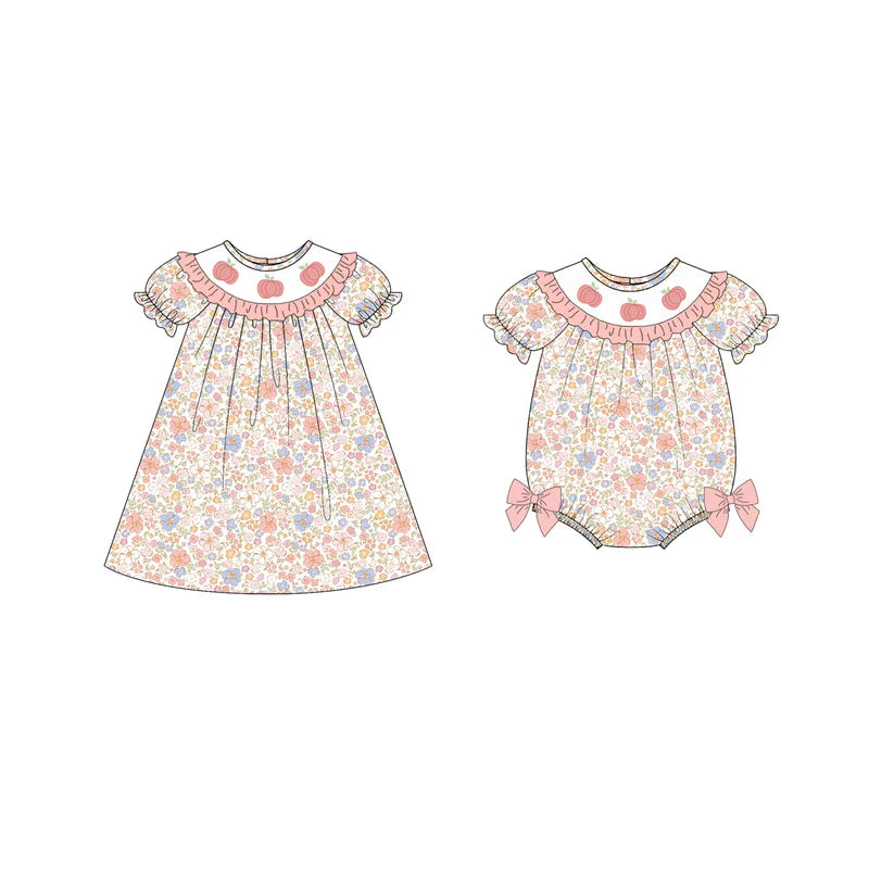 Girls Sister Fall Pink Floral Pumpkin Embroibery Sibling Clothes
