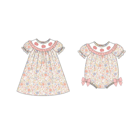 Girls Sister Fall Pink Floral Pumpkin Embroibery Sibling Clothes