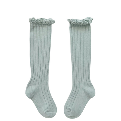 Kids Solid Color Mid-Calf Socks Combed Cotton Lace Trim Frilly Socks Spring & Autumn Wear