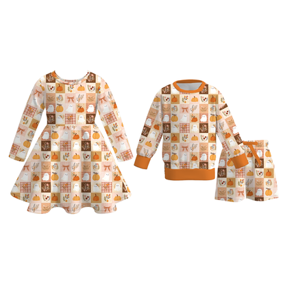 Fall Pumpkin & Ghost Patchwork Girls Dress and Two-Piece Set – Autumn Halloween Outfit