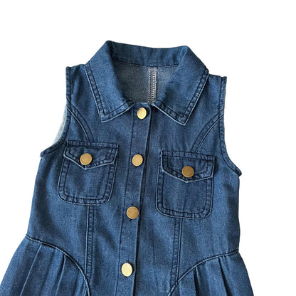 Girls Cotton Denim Pinafore Dress with Collar & Buttons