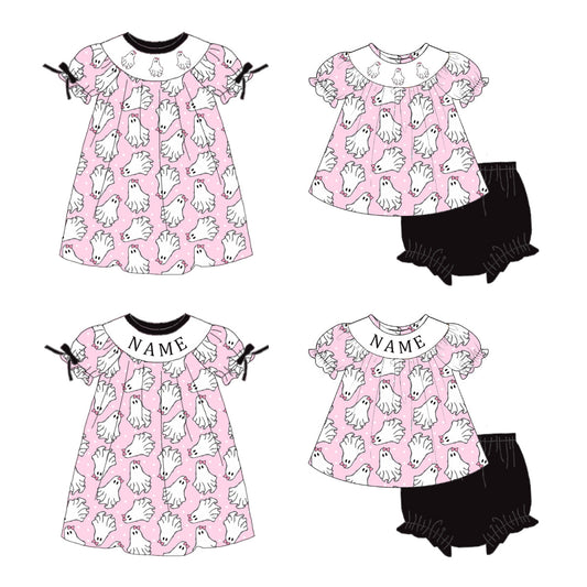 Girls Halloween Ghost Smocked Embroidery Custom Name Dress & Baby Set