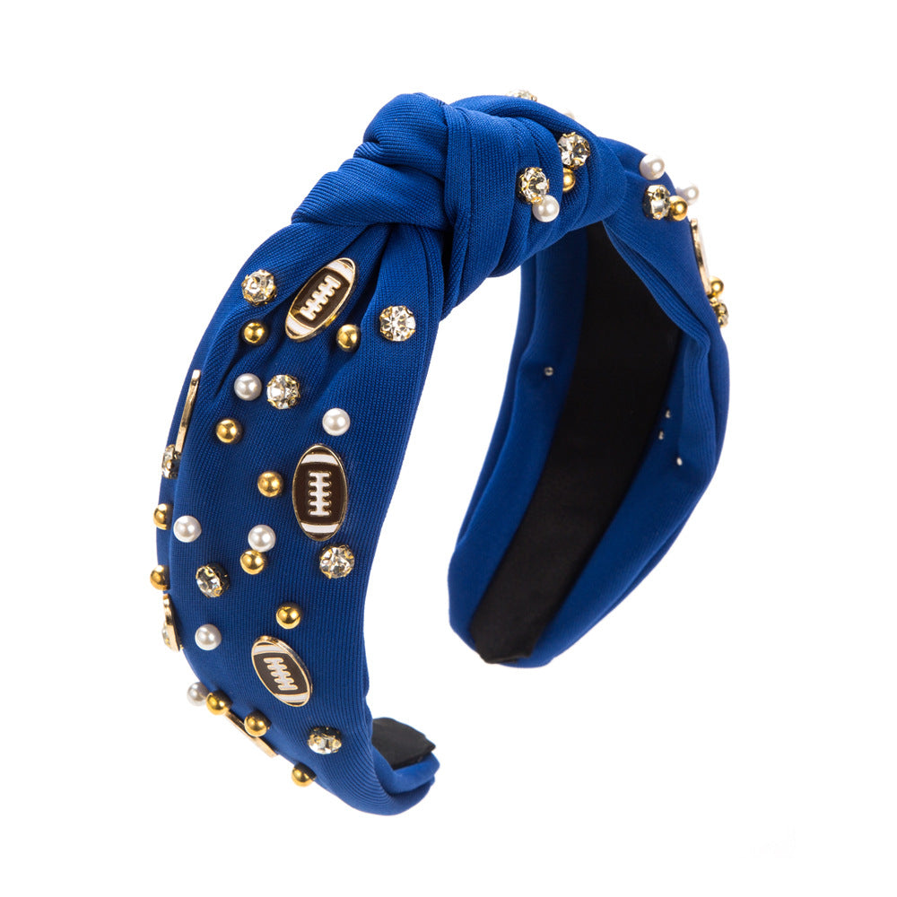 American Football Top Knot Headband with Pearls & Rhinestones – Wide Hair Accessory, Game Day Gift for Fans