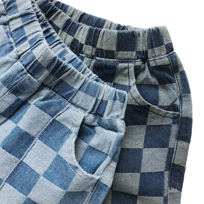 Summer Boys' Checkered Elastic Waist Pocket Denim Shorts