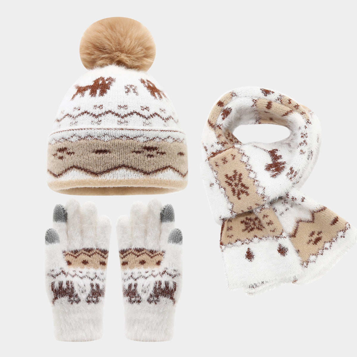 Kids’ Winter Hat, Scarf & Gloves 3-Piece Set – Pom-Pom Knit Beanie with Reindeer & Snowflake Patterns for Boys & Girls