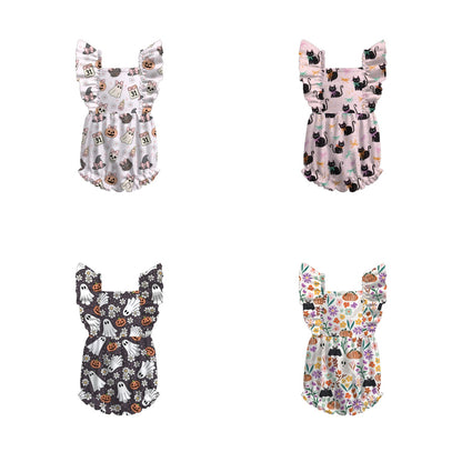 Baby Girls Halloween Ghost Pumpkin Cat Print Romper