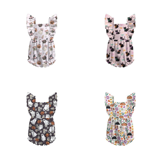 Baby Girls Halloween Ghost Pumpkin Cat Print Romper