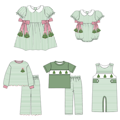 Christmas Tree Embroidered Sibling Matching Collection – Girls Dress, Romper & Two-Piece Sets, Boys Outfit & Sleeveless Romper