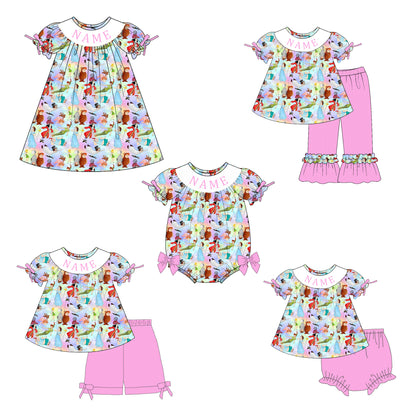 Girls Smocked Princess Cartoon Prinecess Outfit Set – Personalized Name Dress, Romper & Matching Pink Sets