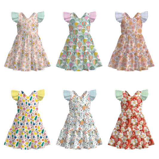 Summer Girls Floral Bunny Lemon Balloon Print Bow Dress
