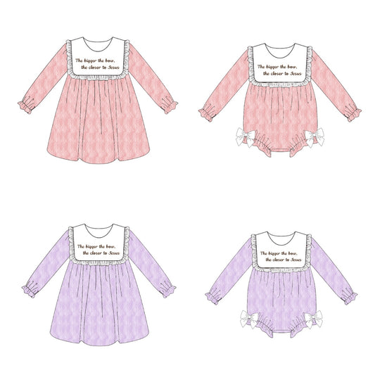 Girls’ Long Sleeve Dress with Embroidered Lettering – Polka Dot Jacquard Mesh