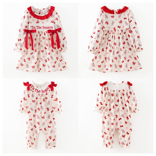 Christmas Tis The Season Sister Embroidered Red Bow Dress&Romper