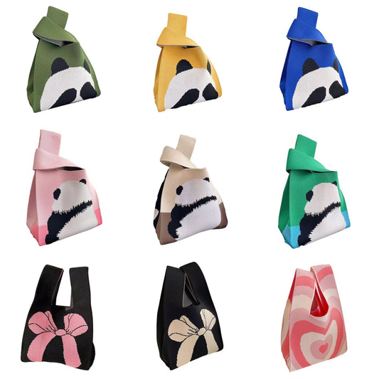 Ladies Girls Knit Bucket Bag Panda Bow Print Designs