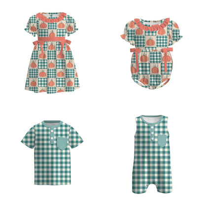 Kids Fall Autumn Green Pumpkin Plaid Dress Romper Top Sibling Clothes