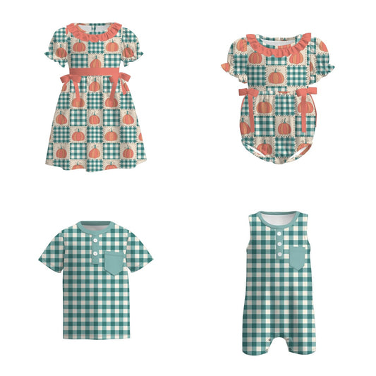 Kids Fall Autumn Green Pumpkin Plaid Dress Romper Top Sibling Clothes
