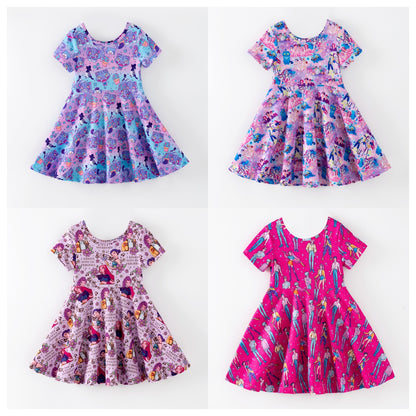 Girls Summer Kpop Demon Hunter Print Short Sleeves Twirl Dress