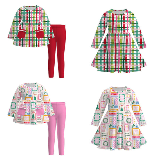 Girls Christmas Print Plaid Red Green Pink Pant Set & Dress
