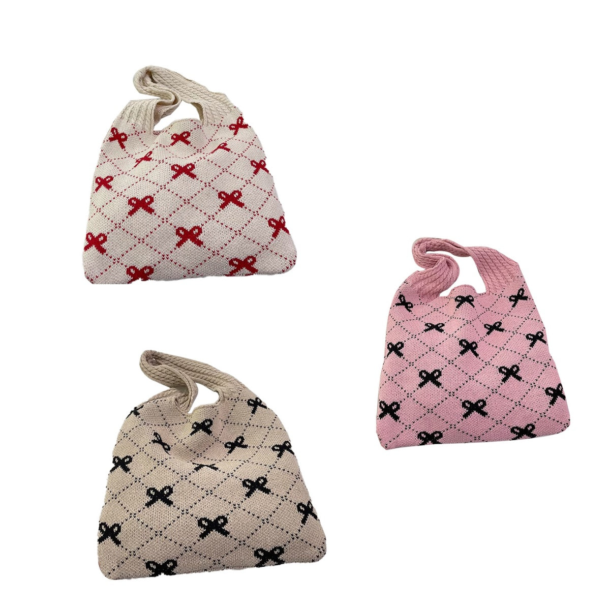 Knitted Bow Print Tote Bag Large Capacity Handbag 3 Colors