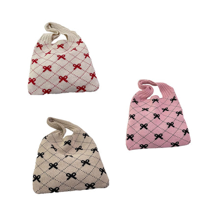 Knitted Bow Print Tote Bag Large Capacity Handbag 3 Colors