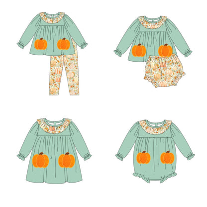 Girls Halloween Pumpkin Applique Floral Print Sibling Clothes