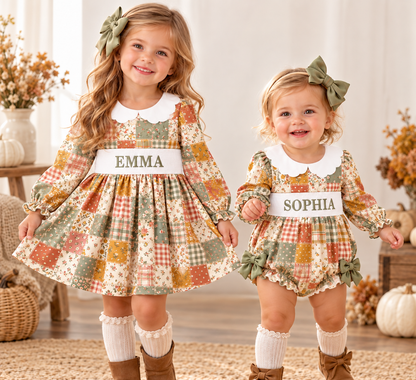 Personalized Girls Fall Floral Smocked Dress & Baby Romper – Custom Name Embroidery Long Sleeve Sister Matching Outfits