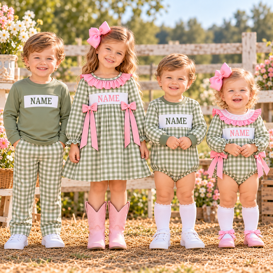 Personalized Sage Green Gingham Smocked Outfits – Custom Name Embroidery Girls Dress, Baby Rompers & Boys 2-Piece Set