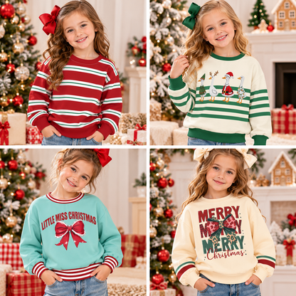 Girls Christmas Graphic Sweatshirt – Holiday Striped Long Sleeve Pullover Top, Merry Christmas Bow & Festive Print