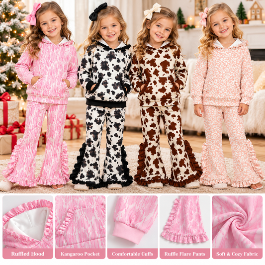 Girls Fall Winter Ruffle Hoodie & Flare Pants Set – Cow Print Leopard Pattern Long Sleeve Two-Piece Outfit