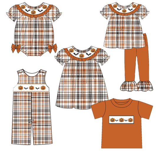 Kids Halloween Orange Plaid Collection-Pumukin Bat Smocked Embroidered
