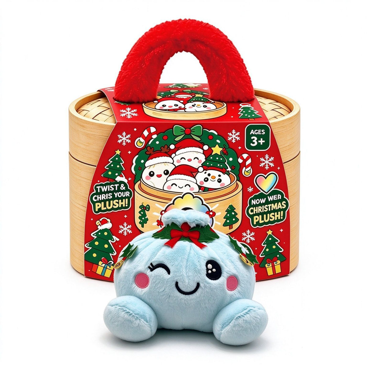 Christmas Bao Bun Plush Toys – Cute Holiday Dumpling Characters, Plush Only or with Bamboo Steamer Gift Box