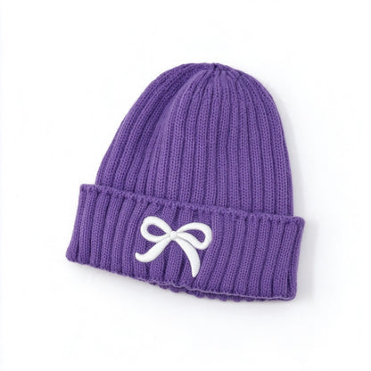 Girls Bow Embroidered Knit Beanie – Ribbed Cuffed Winter Hat, Ages 3–10