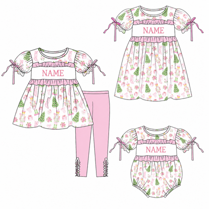 Personalized Pink Christmas Smocked Girls Outfit – Custom Name Nutcracker Dress, Ruffle Pants Set & Baby Romper