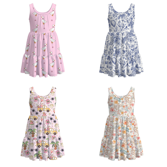 Girls Summer Floral Goose Print Patchwork Dress