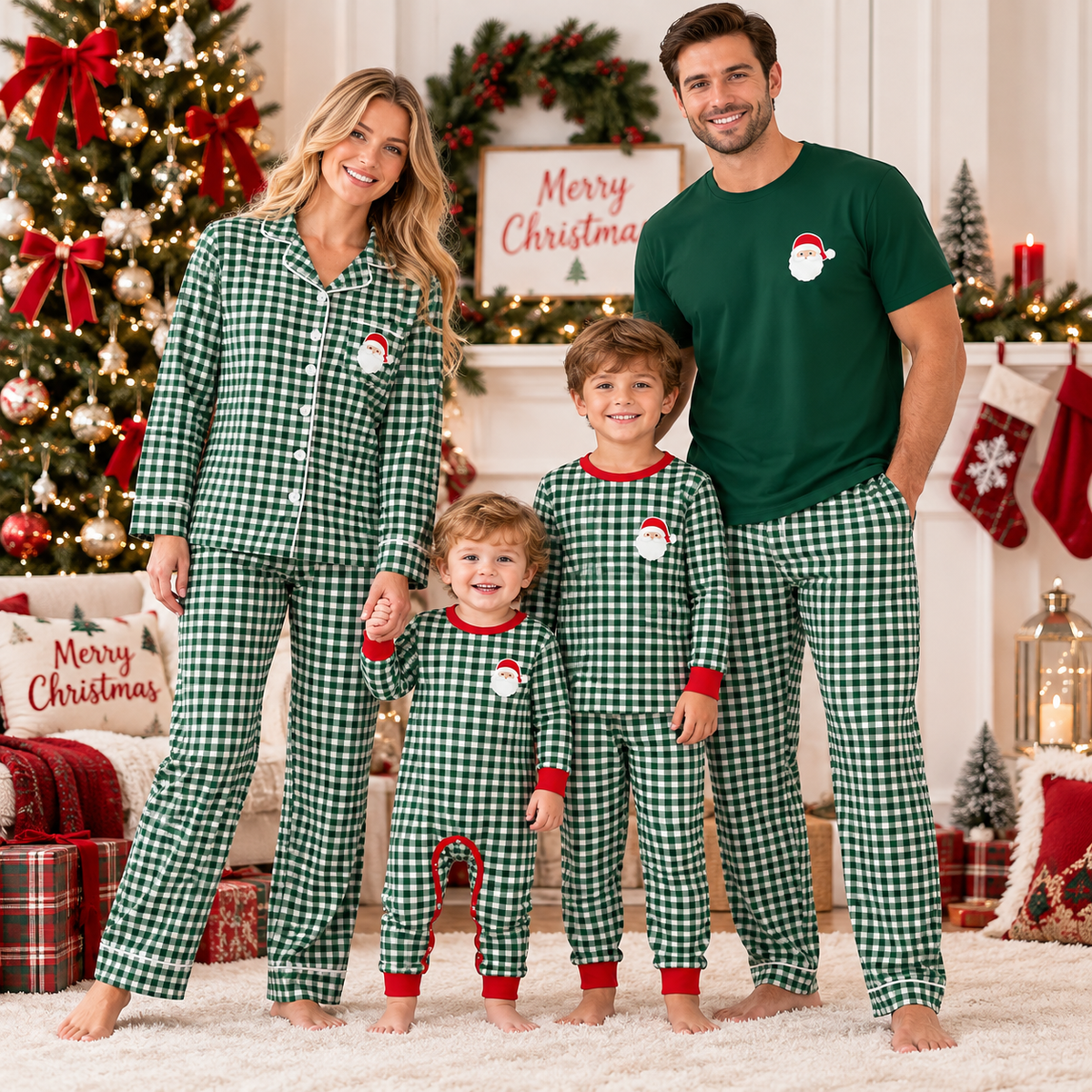 Christmas Santa Gingham Embroidered Family Matching Pajama Set – Mom, Dad & Kids Holiday Sleepwear