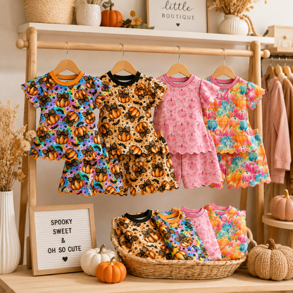 Girls Boutique Halloween Fall Pumpkin Scalloped Trim Short Set