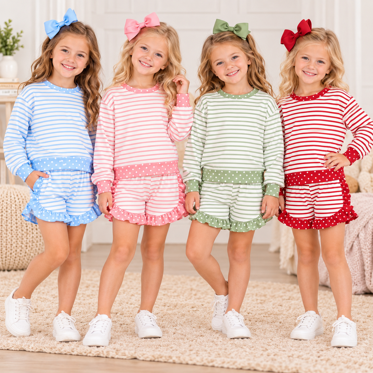 Girls Striped Ruffle Shorts Set – Long Sleeve Polka Dot Trim Top & Matching Boutique Outfit