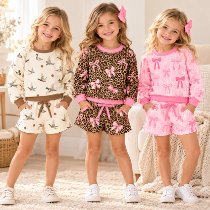 Girls Fall Winter Long Sleeve Sweatshirt & Shorts Set – Duck Print, Leopard Pink Bow & Coquette Bow Two-Piece Outfit