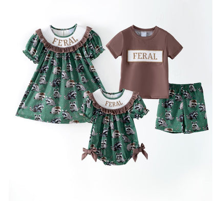 Sibling Summer Raccoon Print "FERAL"Embroidery Matching Clothes
