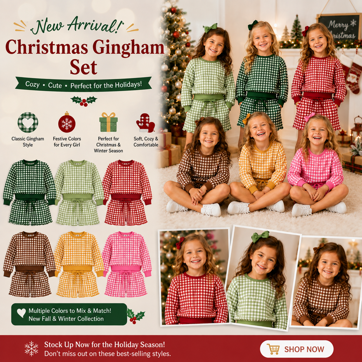 Christmas Gingham Plaid Girls Two-Piece Sweatshirt & Shorts Scallop Set