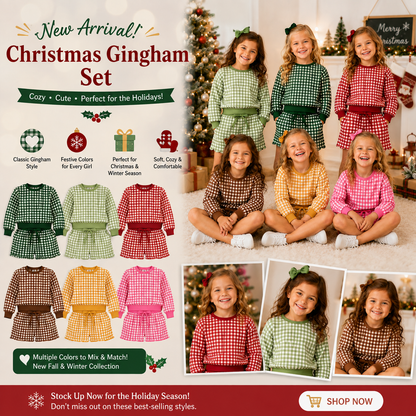 Christmas Gingham Plaid Girls Two-Piece Sweatshirt & Shorts Scallop Set